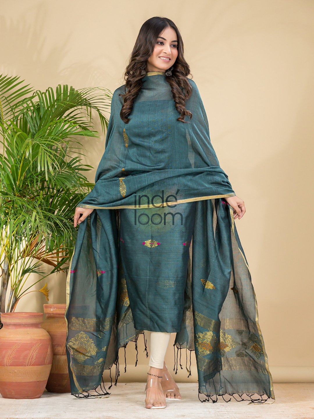 Jade Green Mercerised Cotton Meenakari Motif 2-Piece Kurti & Dupatta (UNSTITCHED)-876