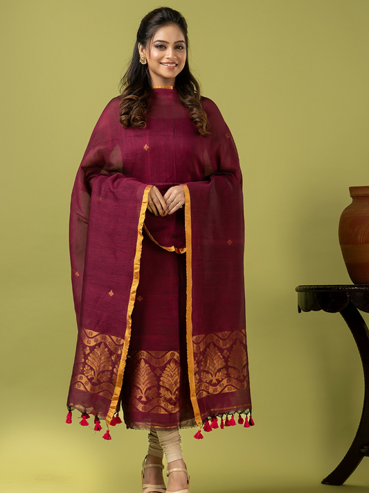 Handwoven Jamdani Linen Unstitched 2-piece Kurti | Raspberry Wine