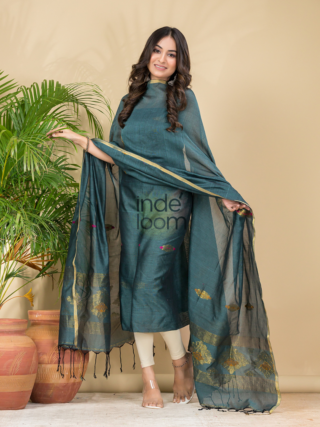 Jade Green Mercerised Cotton Meenakari Motif 2-Piece Kurti & Dupatta (UNSTITCHED)-876