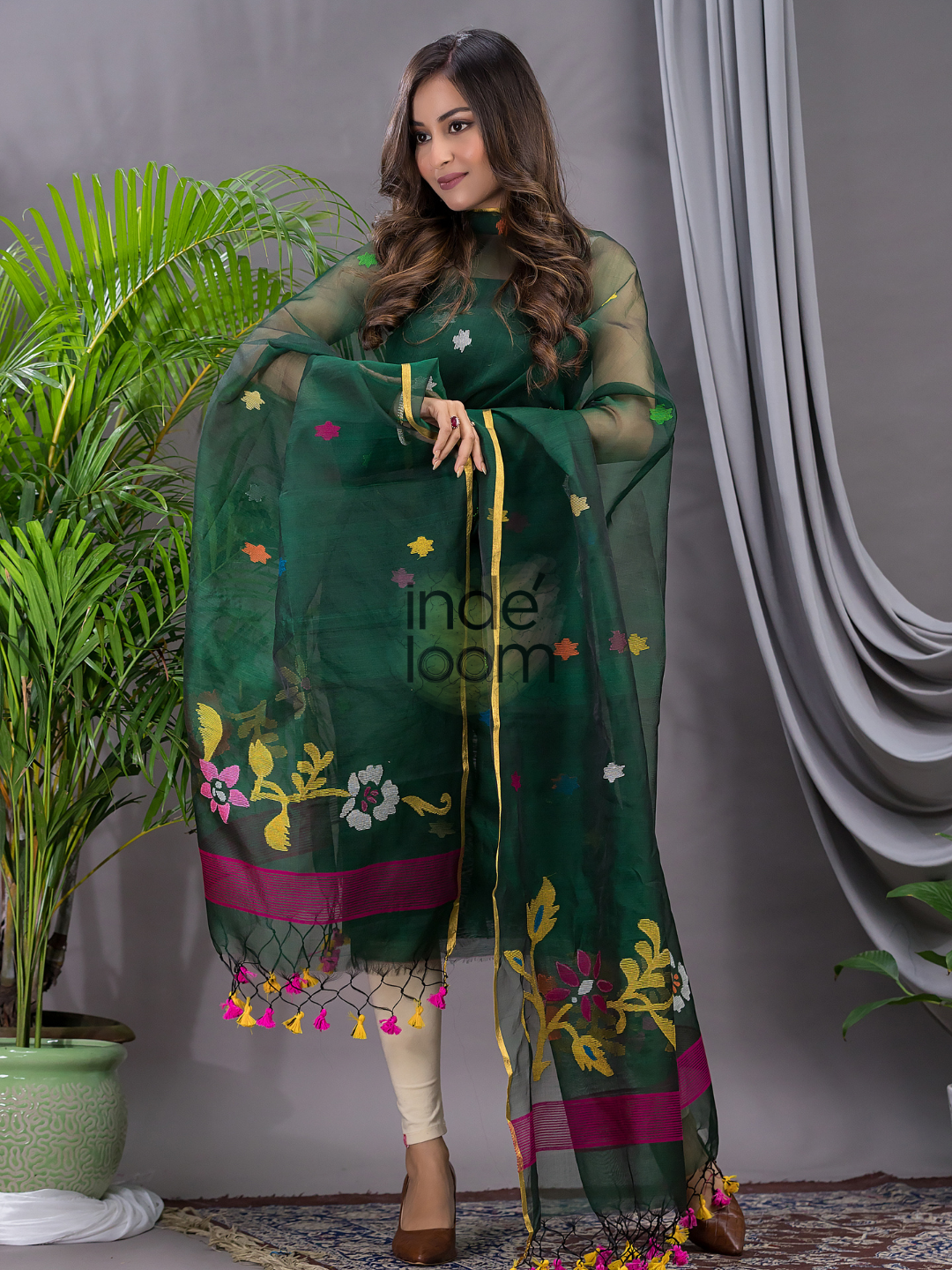 Dark Green Cotton Silk Jamdani 2-Piece Set Kurti & Dupatta (UNSTITCHED) - 106