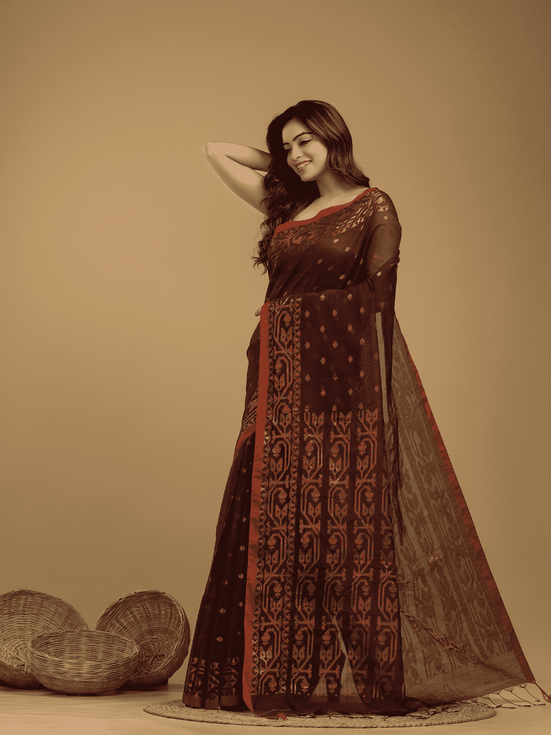 Jamdani Saree With Red Brown - 15 - indeloom