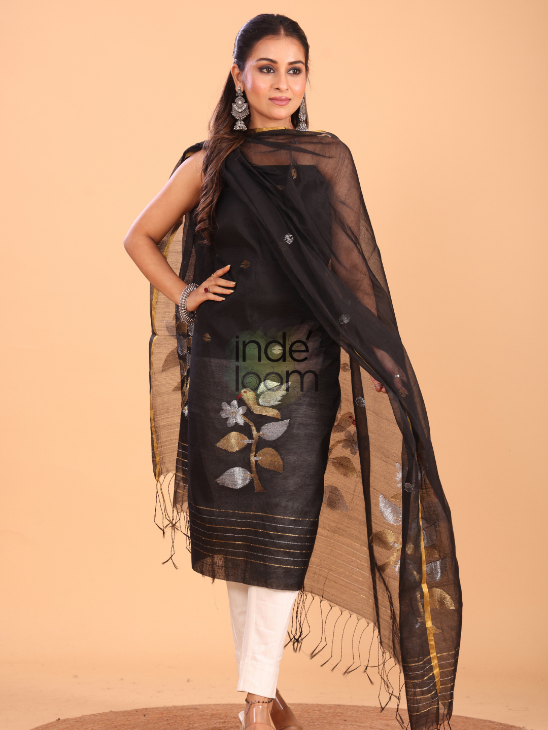 Space Black Muslin Jamdani 2-Piece Set Kurti & Dupatta (UNSTITCHED) - 084