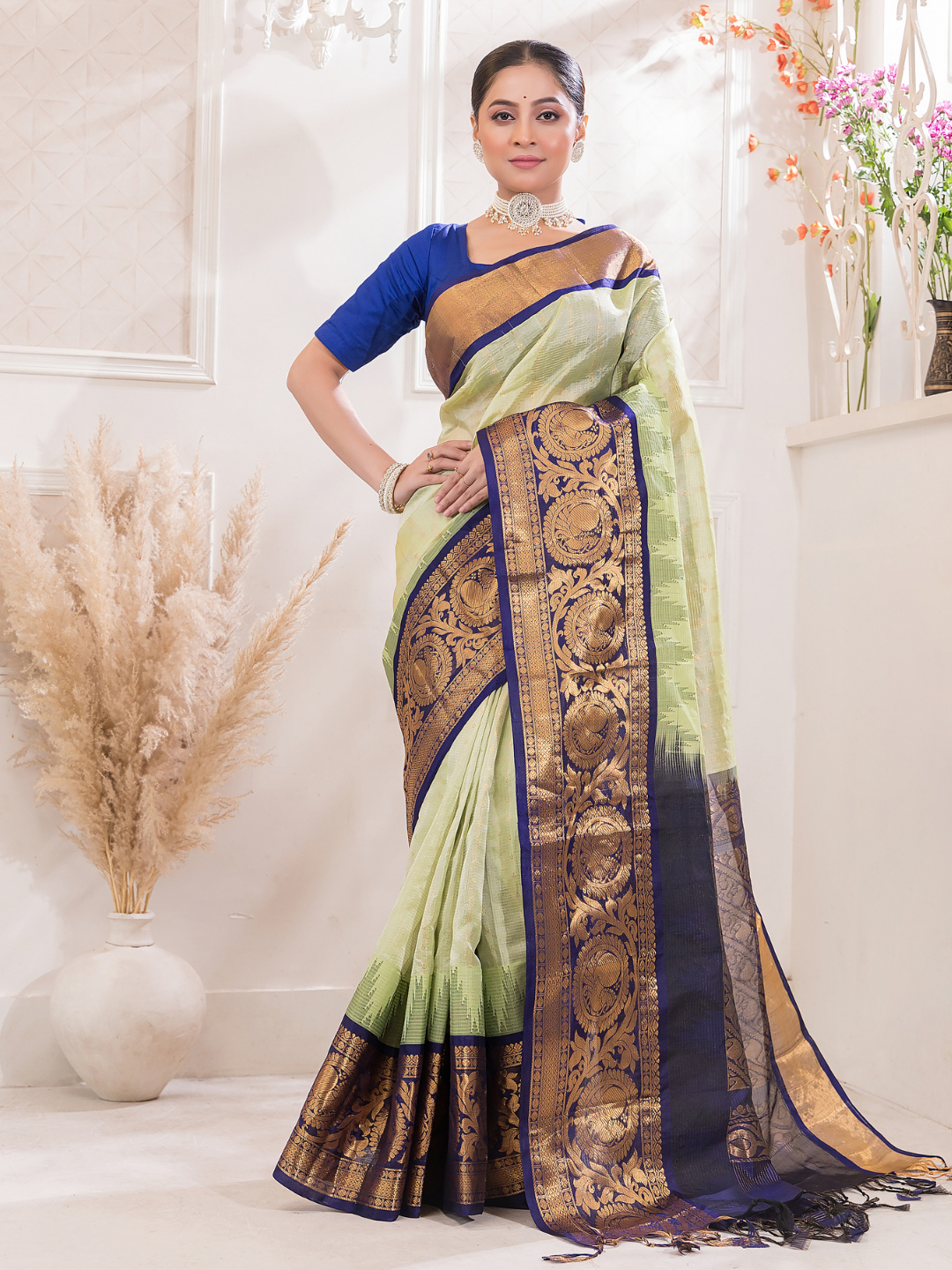 Pure Handloom Korvai Silk Cotton Saree in With Light Green and Golden Blue Border- 008