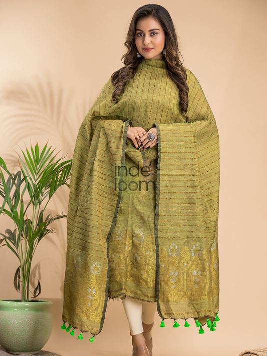 Olive Green Organic Linen 2-Piece Set Kurti & Dupatta (UNSTITCHED) - 006