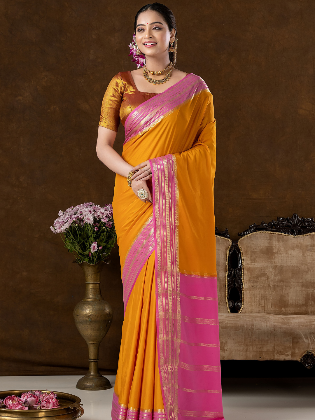 Classic Mysore Semi Silk Saree | Mustard Gold