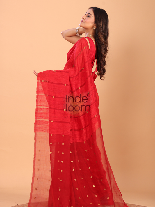 Handwoven Pure Jamdani Silk Saree  |  Classic Red