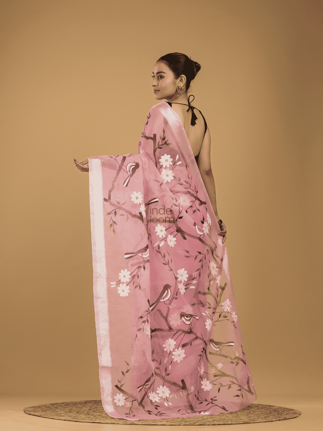 Kota Doria Handpainted Saree With Baby Pink - 005 - indeloom