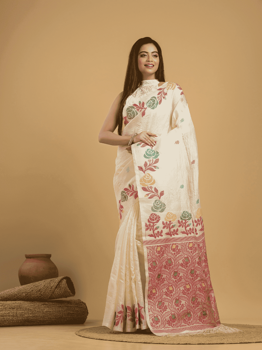 Beige Brown Matka Silk Jamdani Saree - 047 - indeloom