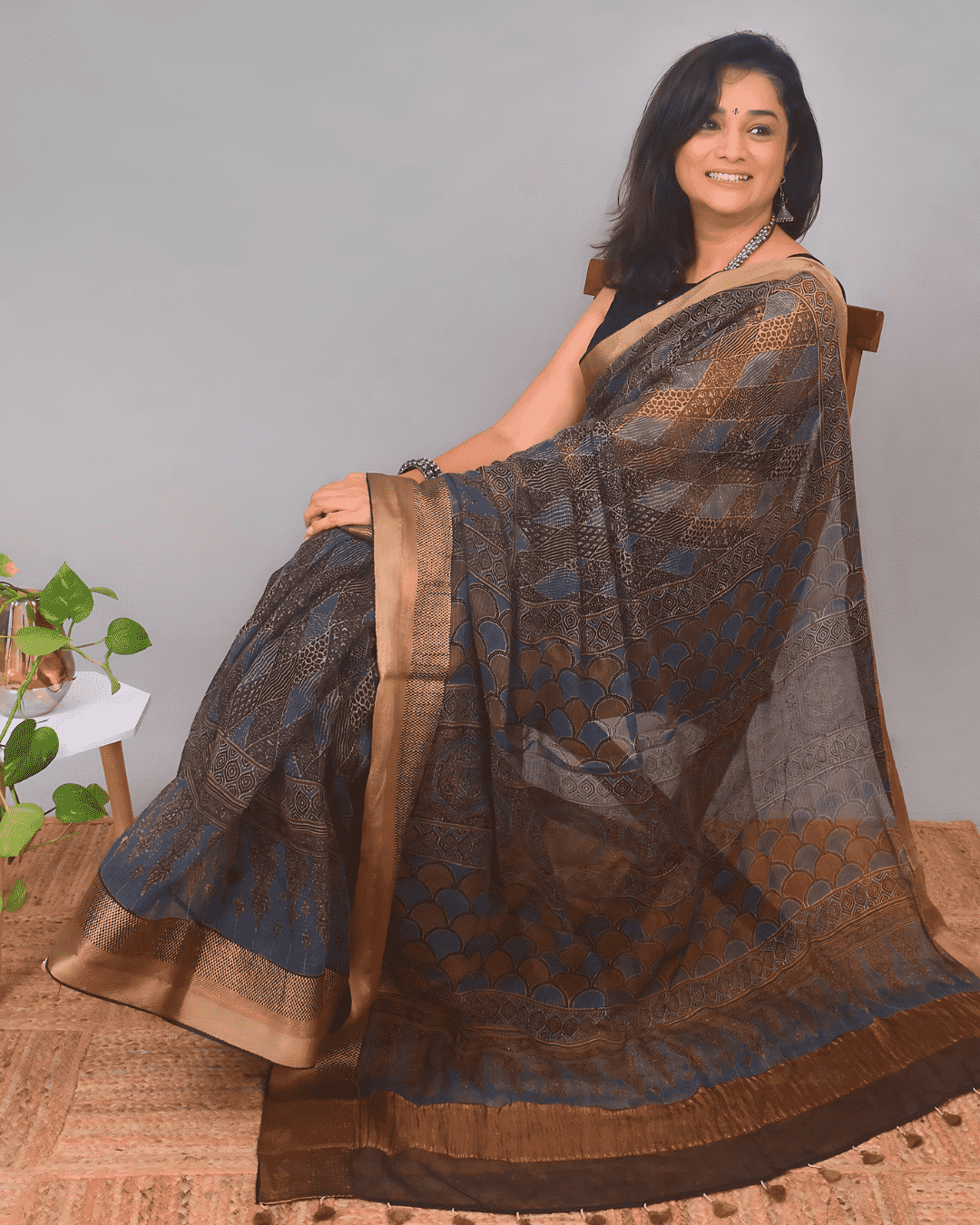 Ajrakh Exclusive designer Chanderi Saree with Zari border - 039 - indeloom