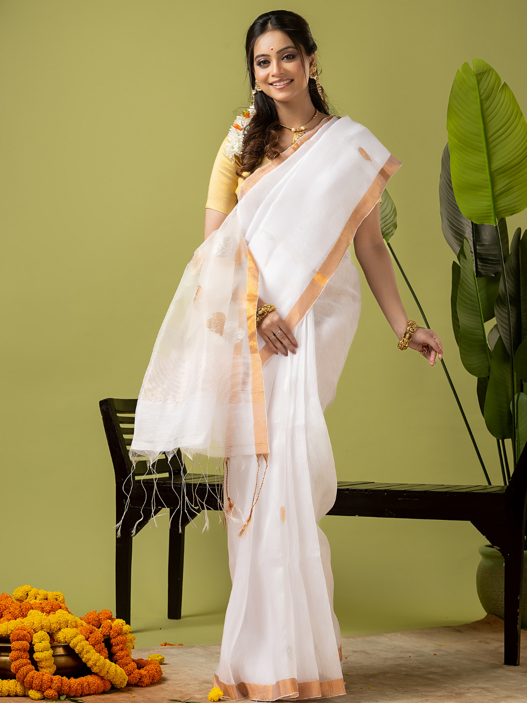 Pure Jamdani Linen Saree | Snow White  and White  | Half and Half style with Contrast Border