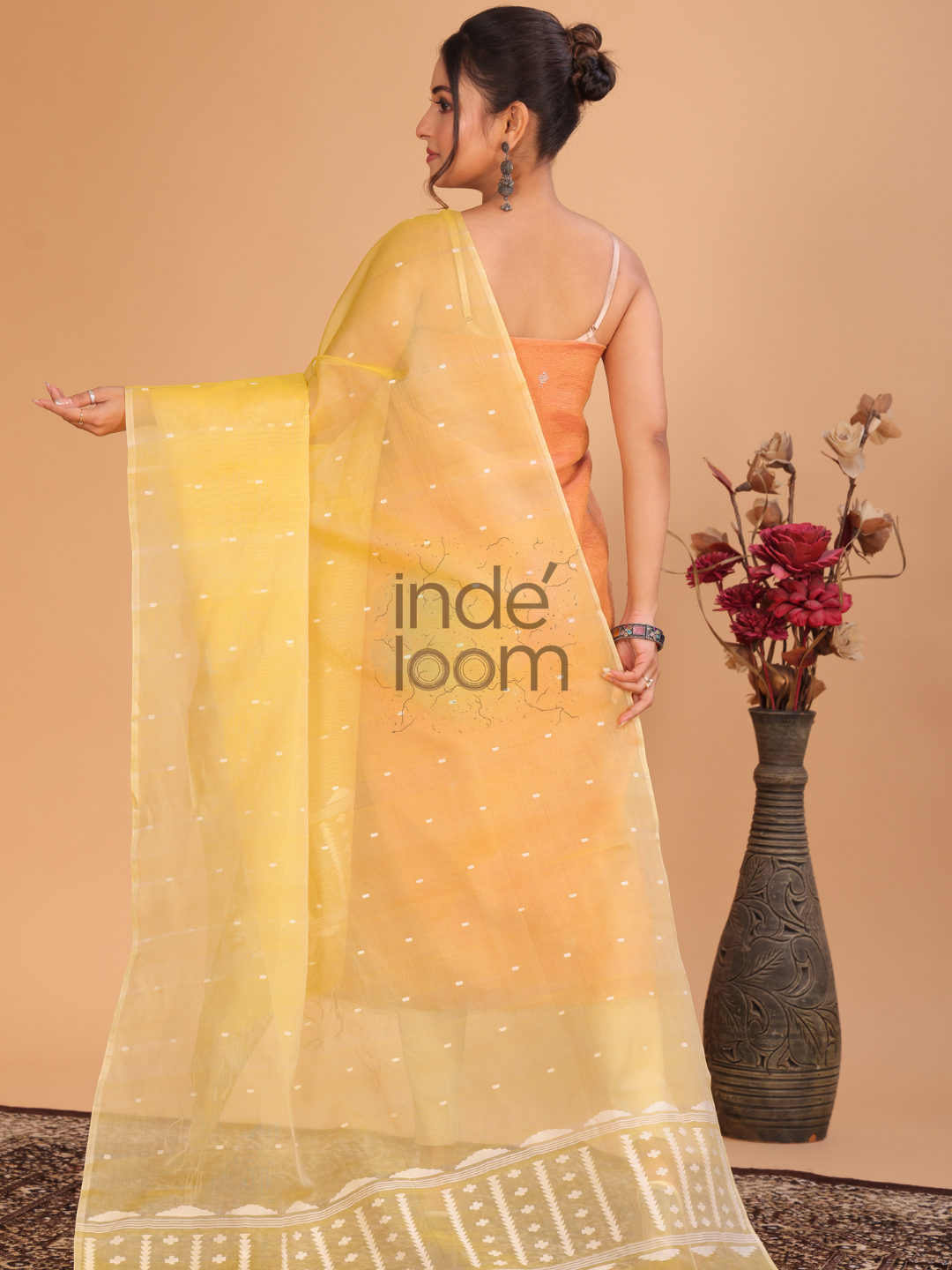 Pure Handloom Muslin Jamdani Dupatta With Mango Yellow  - 010
