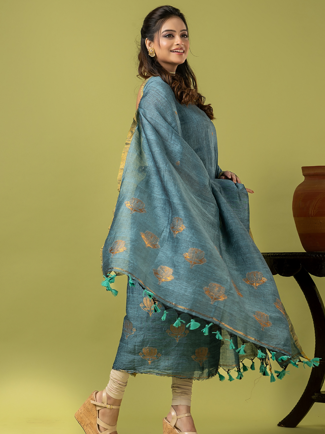 Handwoven Jamdani Linen Unstitched 2-piece Kurti | Powder Blue
