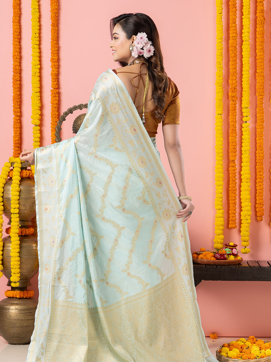 Classic Benarasi Katan Semi Silk Saree | Pale Blue