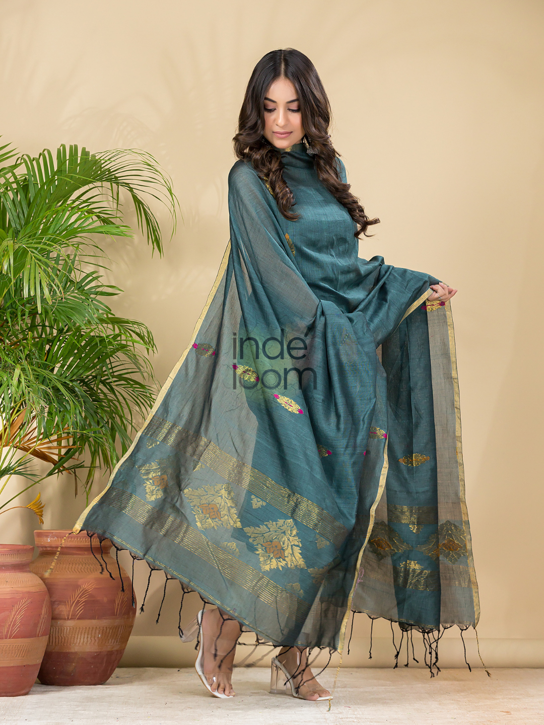 Jade Green Mercerised Cotton Meenakari Motif 2-Piece Kurti & Dupatta (UNSTITCHED)-876