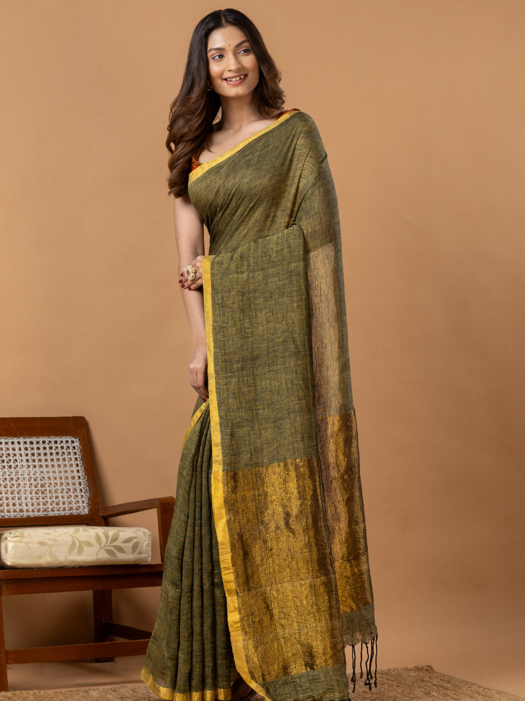 Pure Handloom Linen Saree | Olive Brown