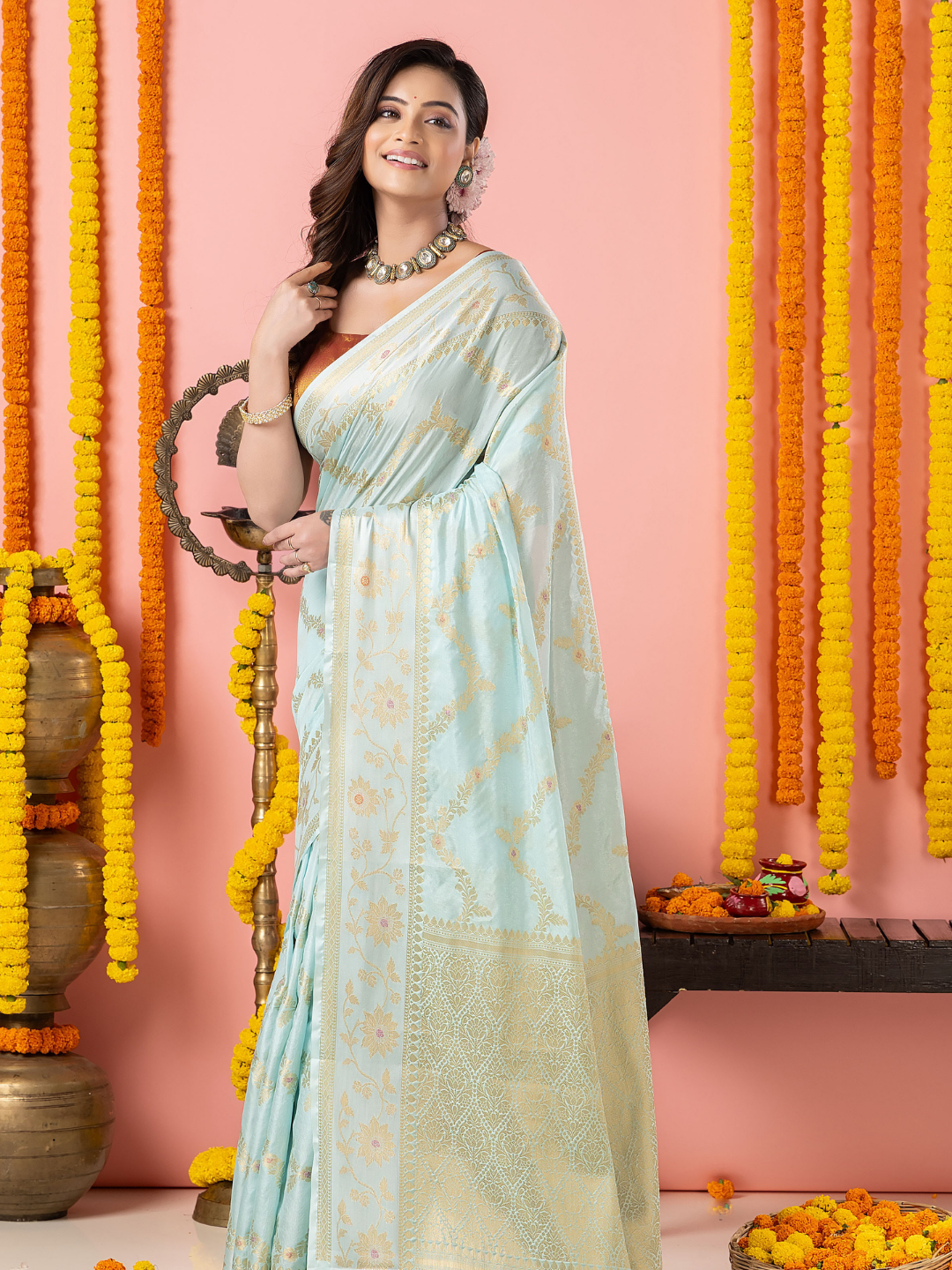 Classic Benarasi Katan Semi Silk Saree | Pale Blue