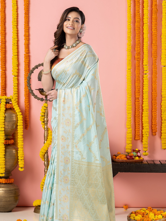Classic Benarasi Katan Semi Silk Saree | Pale Blue