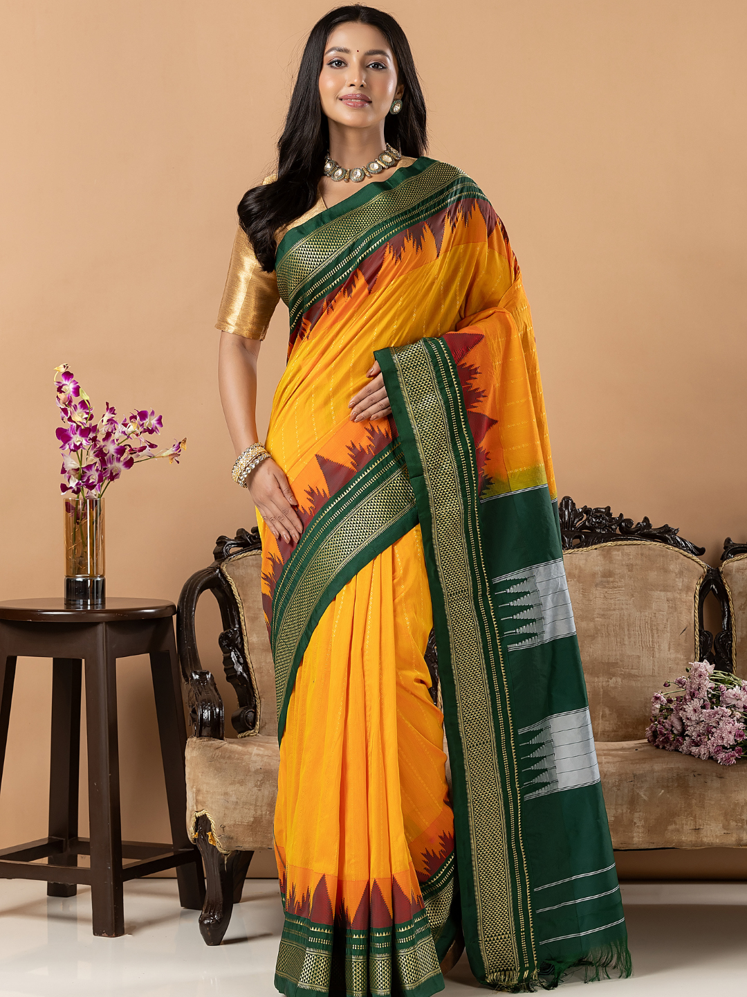 Traditional Ilkal Viscose Saree | Mustard Orange