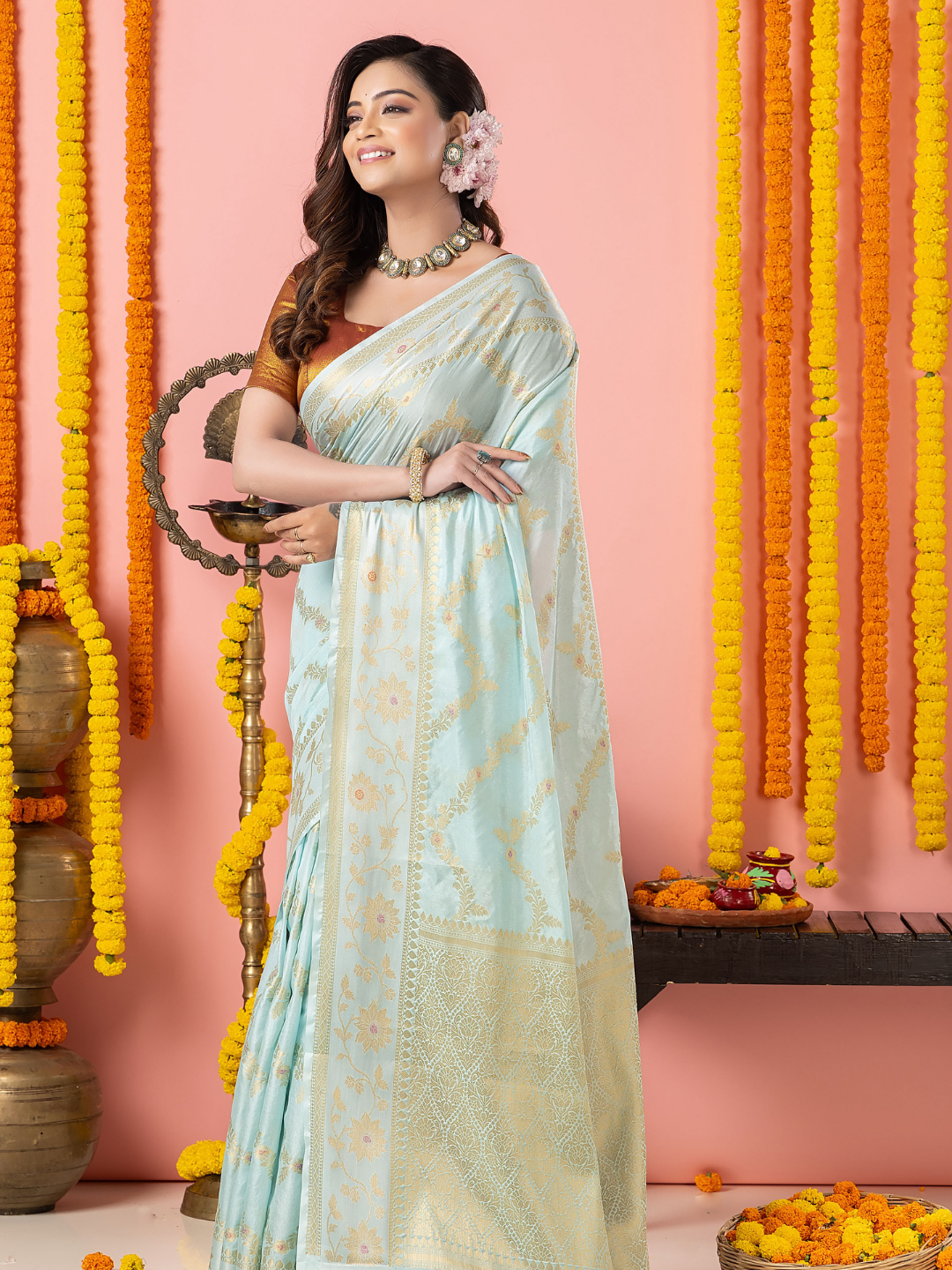 Classic Benarasi Katan Semi Silk Saree | Pale Blue