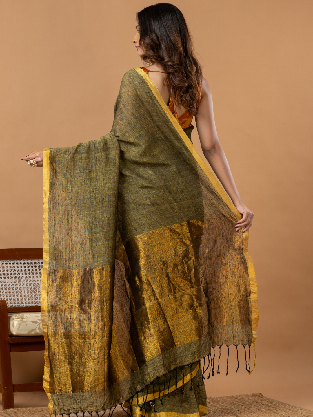 Pure Handloom Linen Saree | Olive Brown
