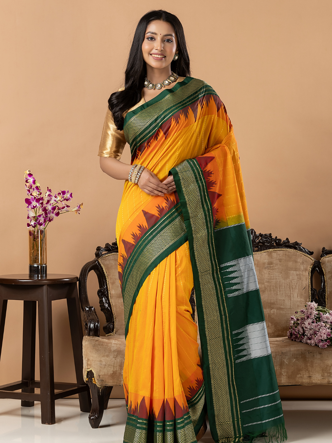 Traditional Ilkal Viscose Saree | Mustard Orange
