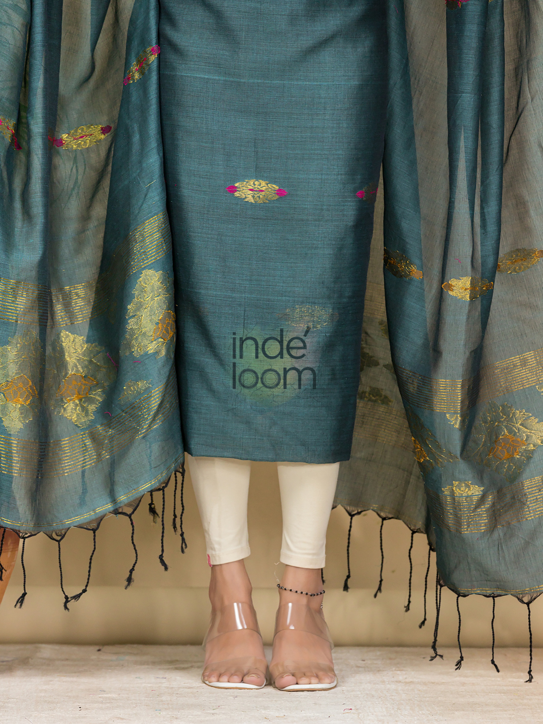 Jade Green Mercerised Cotton Meenakari Motif 2-Piece Kurti & Dupatta (UNSTITCHED)-876