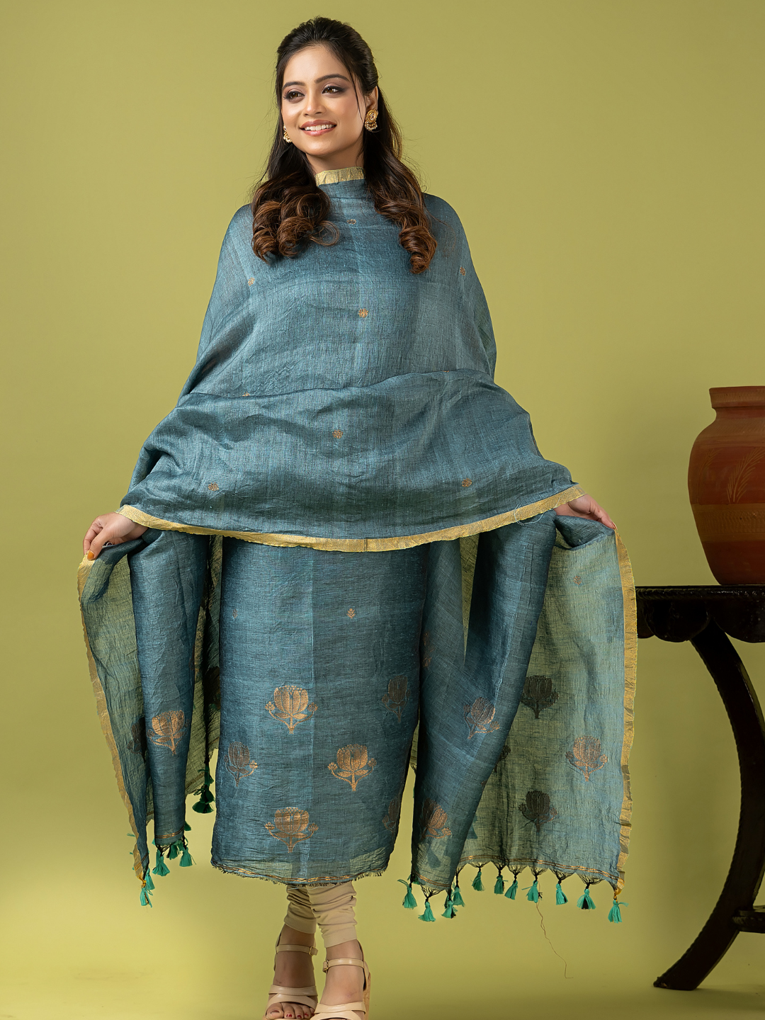 Handwoven Jamdani Linen Unstitched 2-piece Kurti | Powder Blue