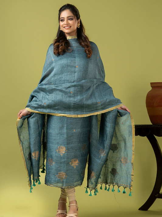 Handwoven Jamdani Linen Unstitched 2-piece Kurti | Powder Blue