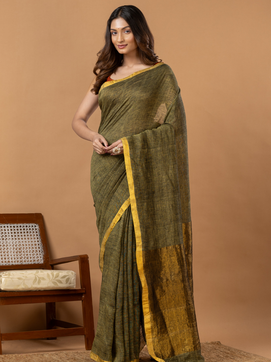 Pure Handloom Linen Saree | Olive Brown