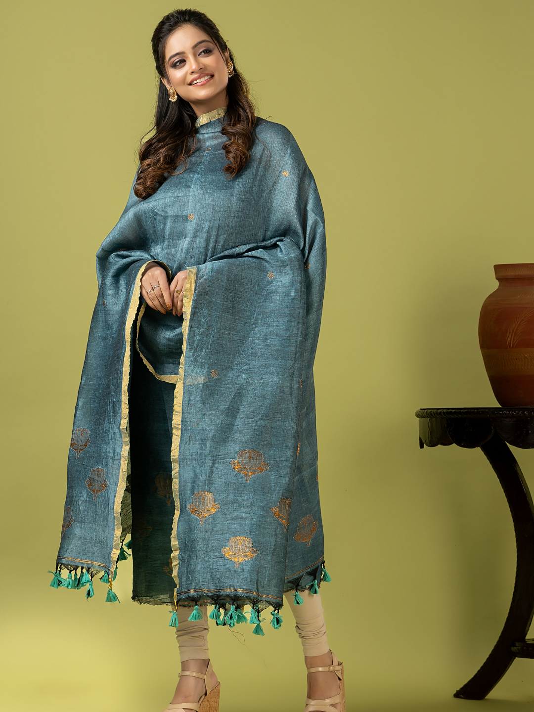 Handwoven Jamdani Linen Unstitched 2-piece Kurti | Powder Blue
