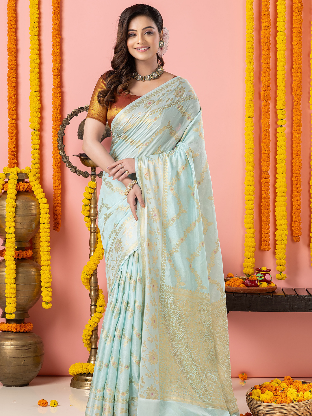 Classic Benarasi Katan Semi Silk Saree | Pale Blue