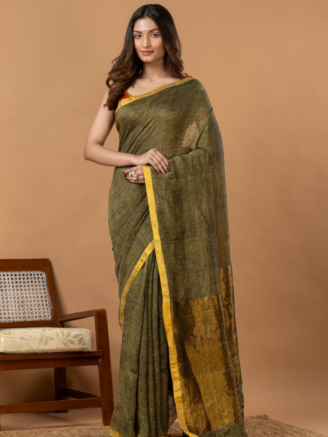 Pure Handloom Linen Saree | Olive Brown