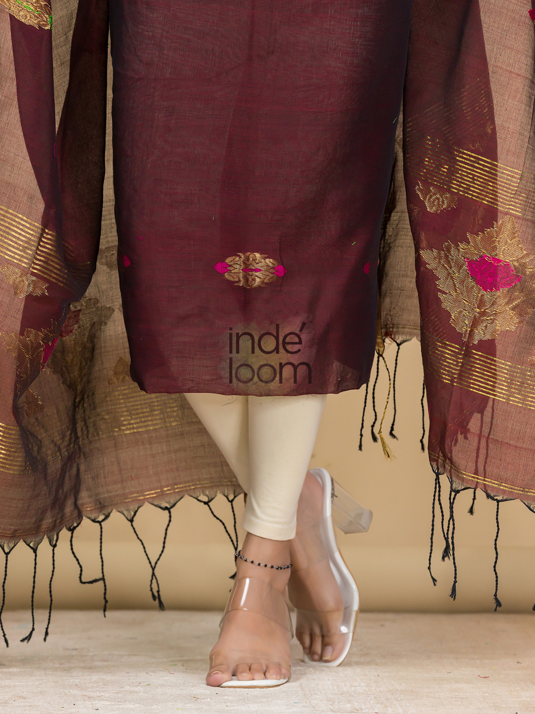 Wine Red Mercerised Cotton Meenakari Motif 2-Piece Kurti & Dupatta (UNSTITCHED)-877