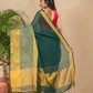 Cotton Linen Handloom Saree With Pine Green - 011