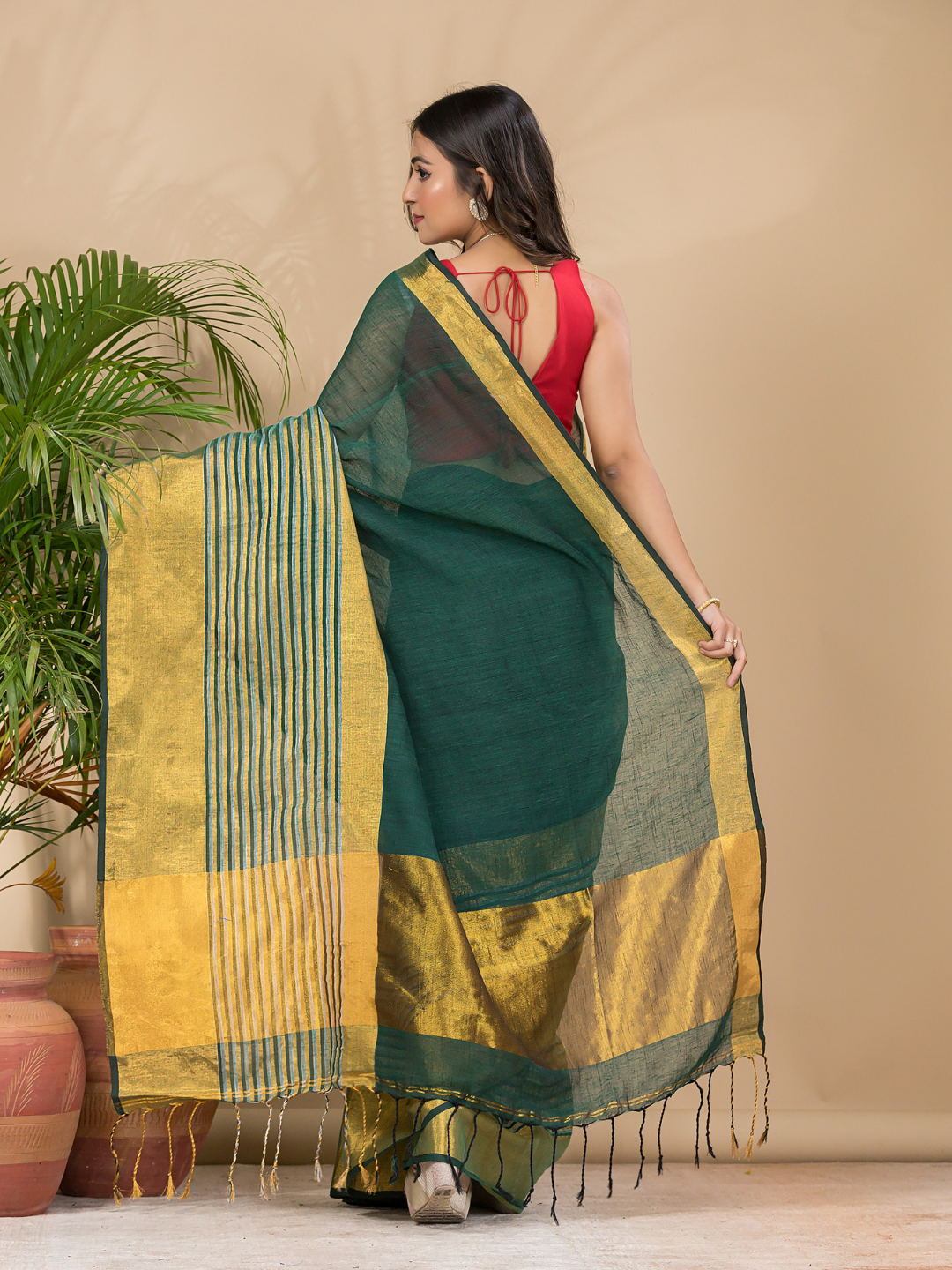 Cotton Linen Handloom Saree With Pine Green - 011
