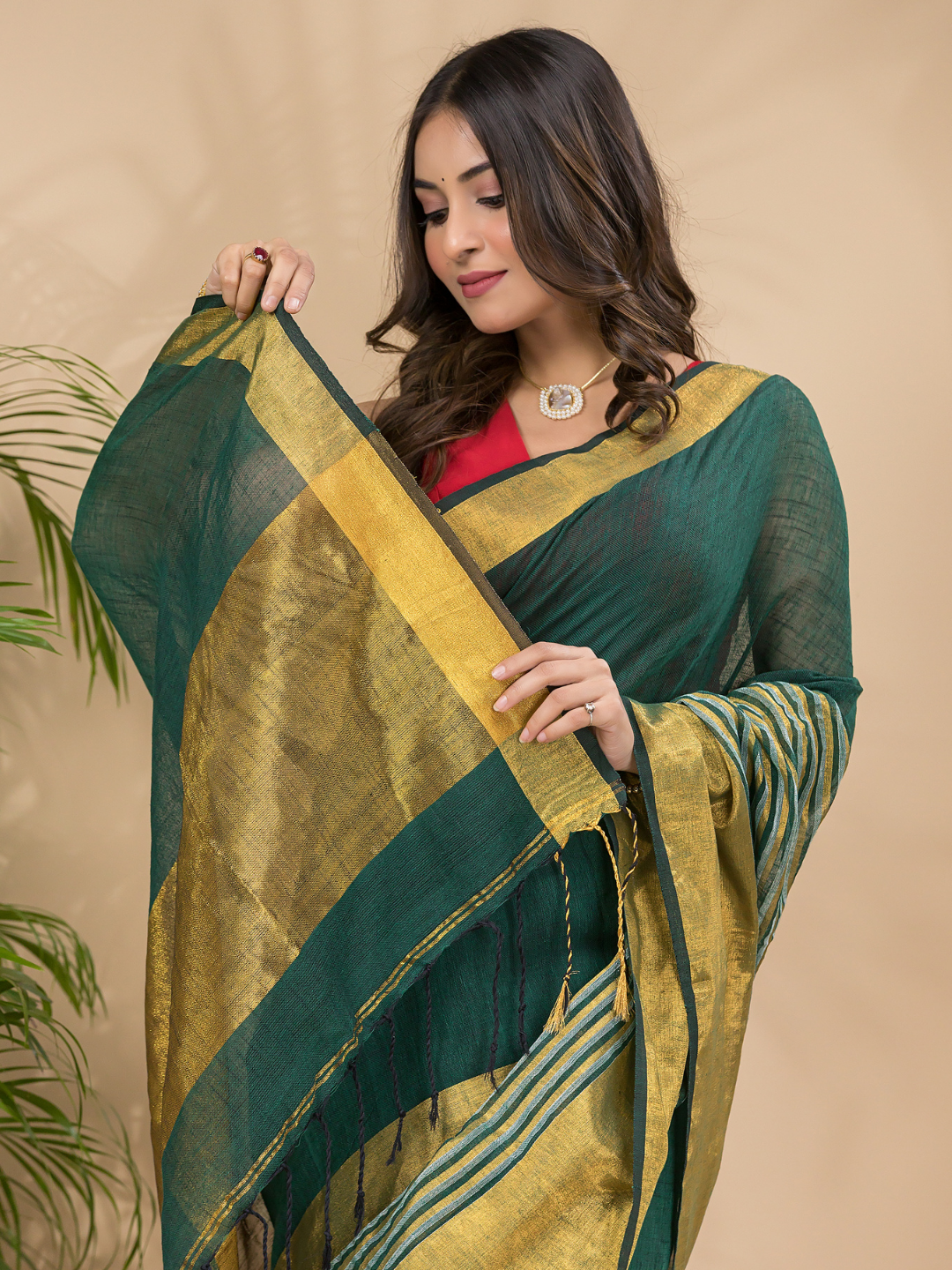 Cotton Linen Handloom Saree With Pine Green - 011