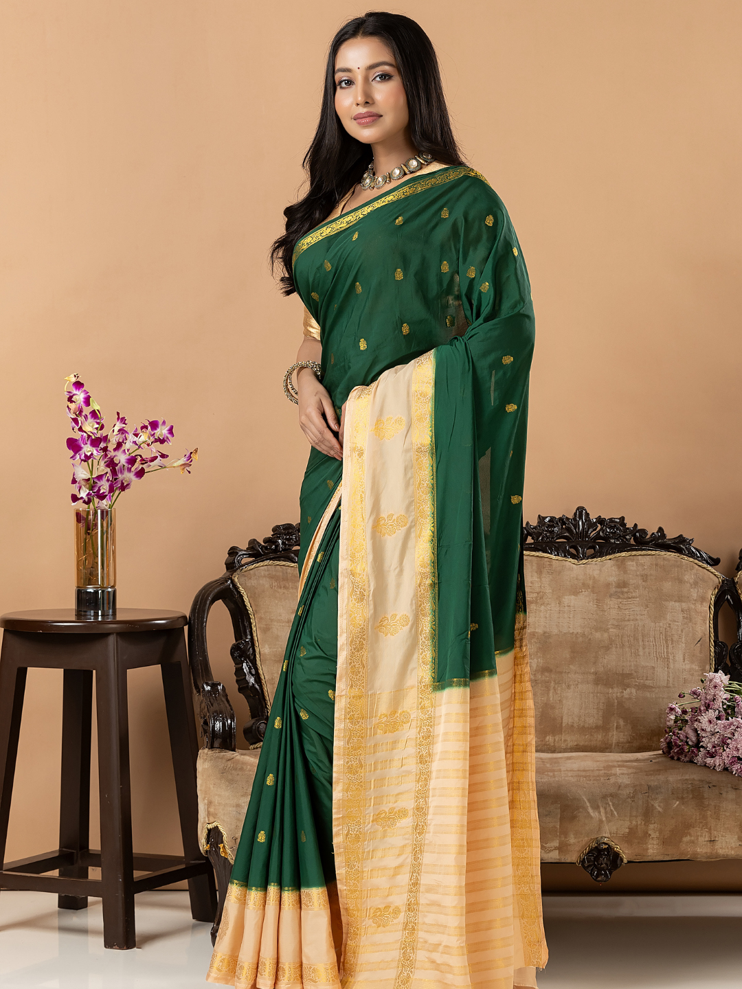 Classic Mysore Semi Silk Saree | Dark Green