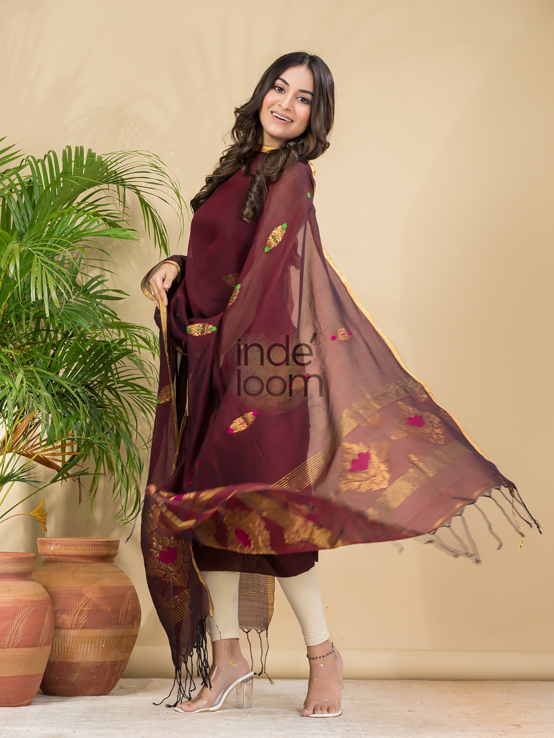 Wine Red Mercerised Cotton Meenakari Motif 2-Piece Kurti & Dupatta (UNSTITCHED)-877
