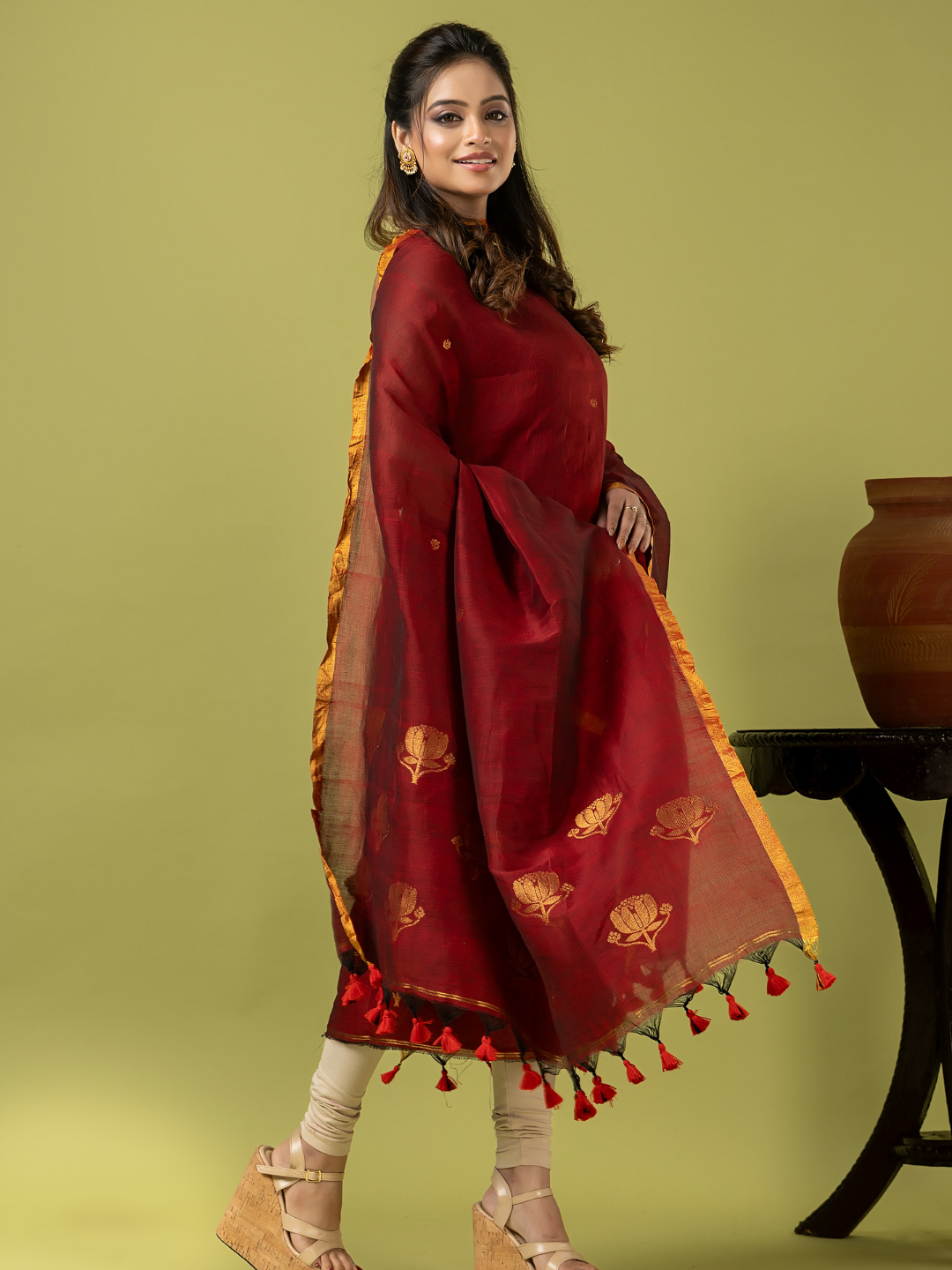 Handwoven Jamdani Linen Unstitched 2-piece Kurti | Deep Red