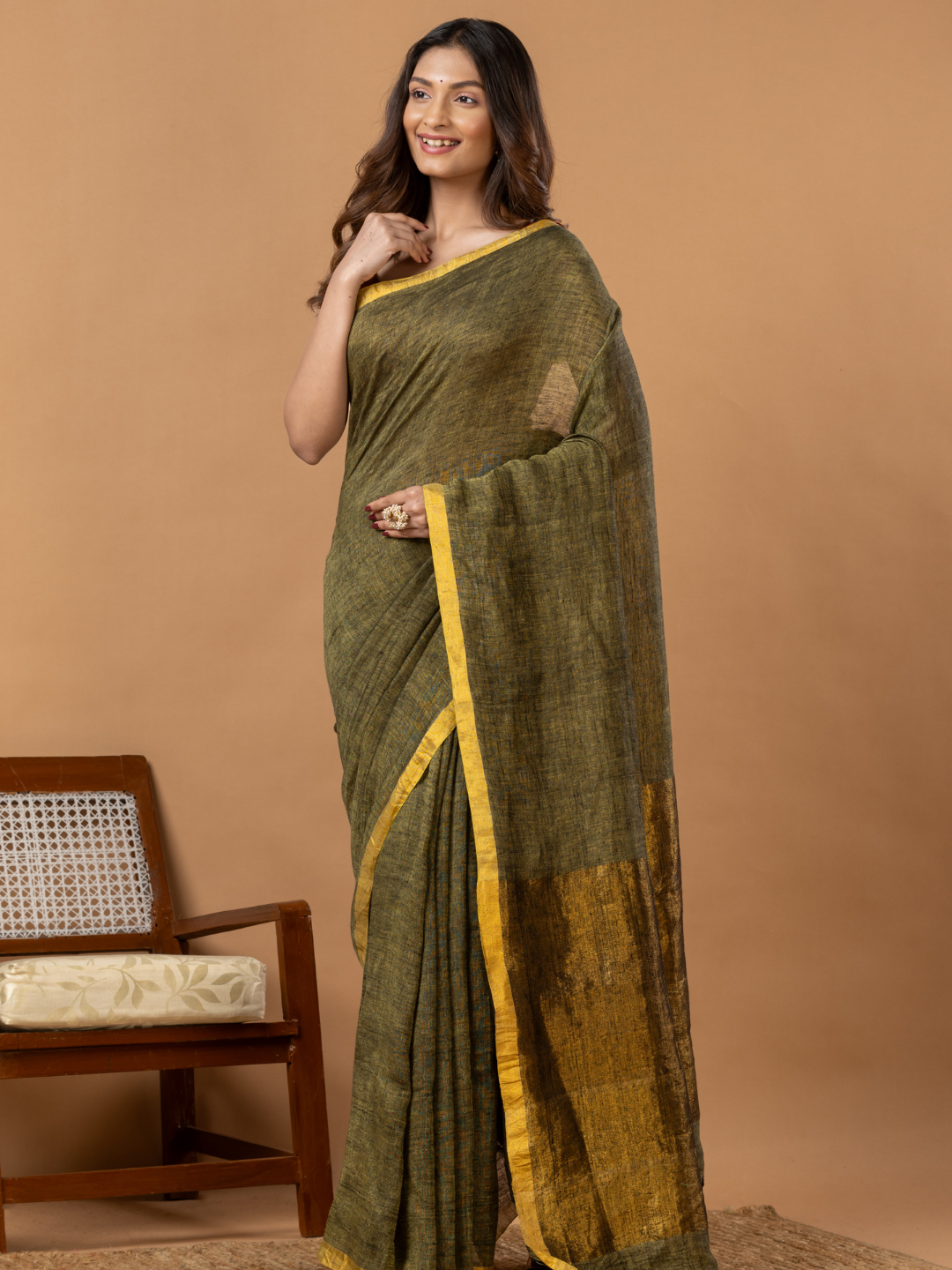 Pure Handloom Linen Saree | Olive Brown