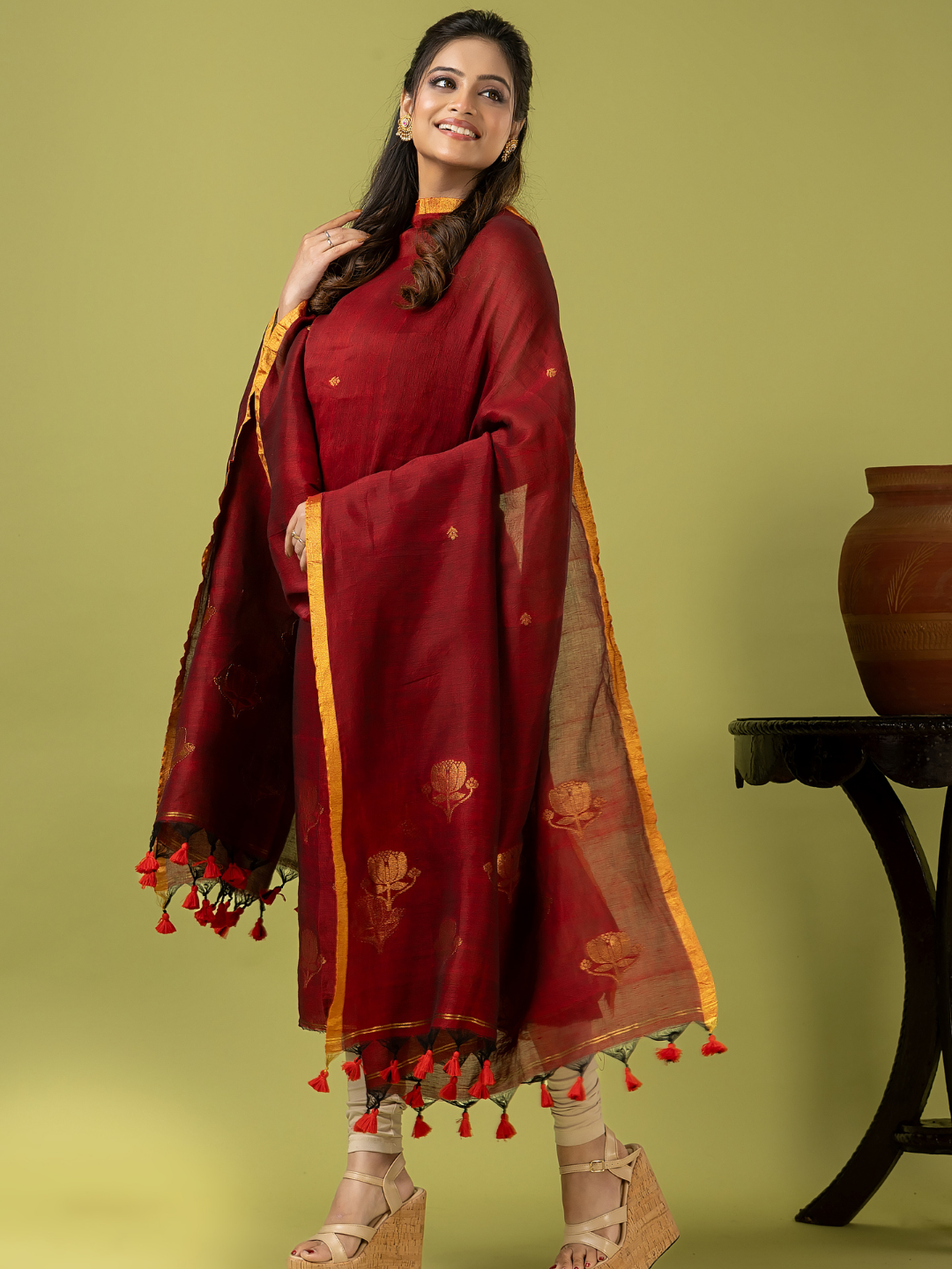 Handwoven Jamdani Linen Unstitched 2-piece Kurti | Deep Red