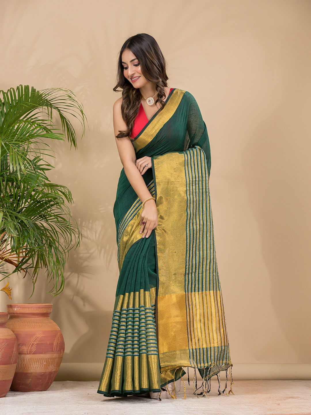 Cotton Linen Handloom Saree With Pine Green - 011