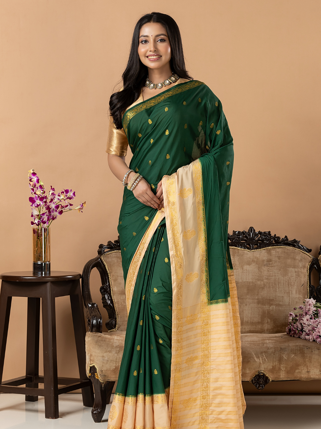 Classic Mysore Semi Silk Saree | Dark Green