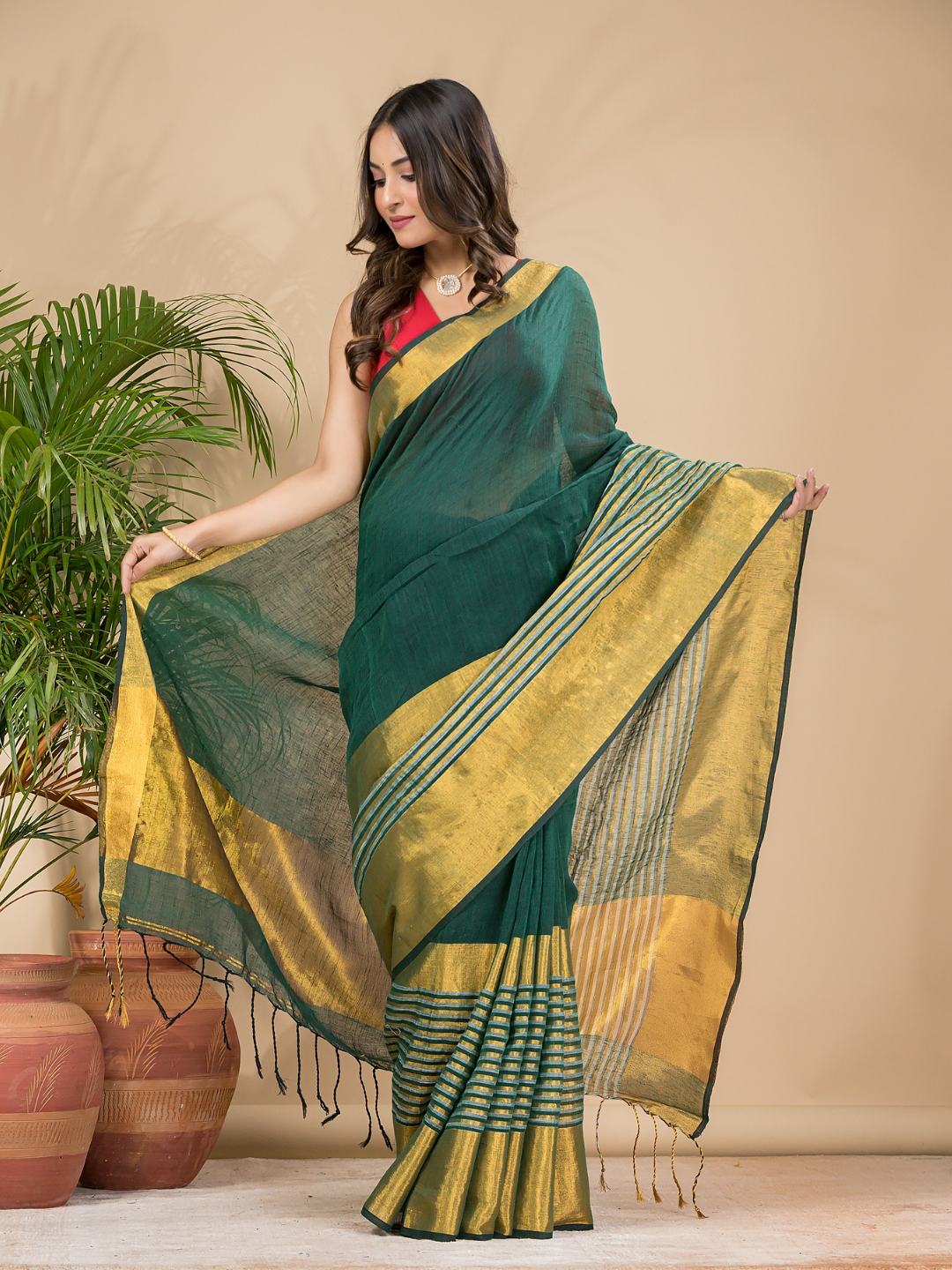 Cotton Linen Handloom Saree With Pine Green - 011