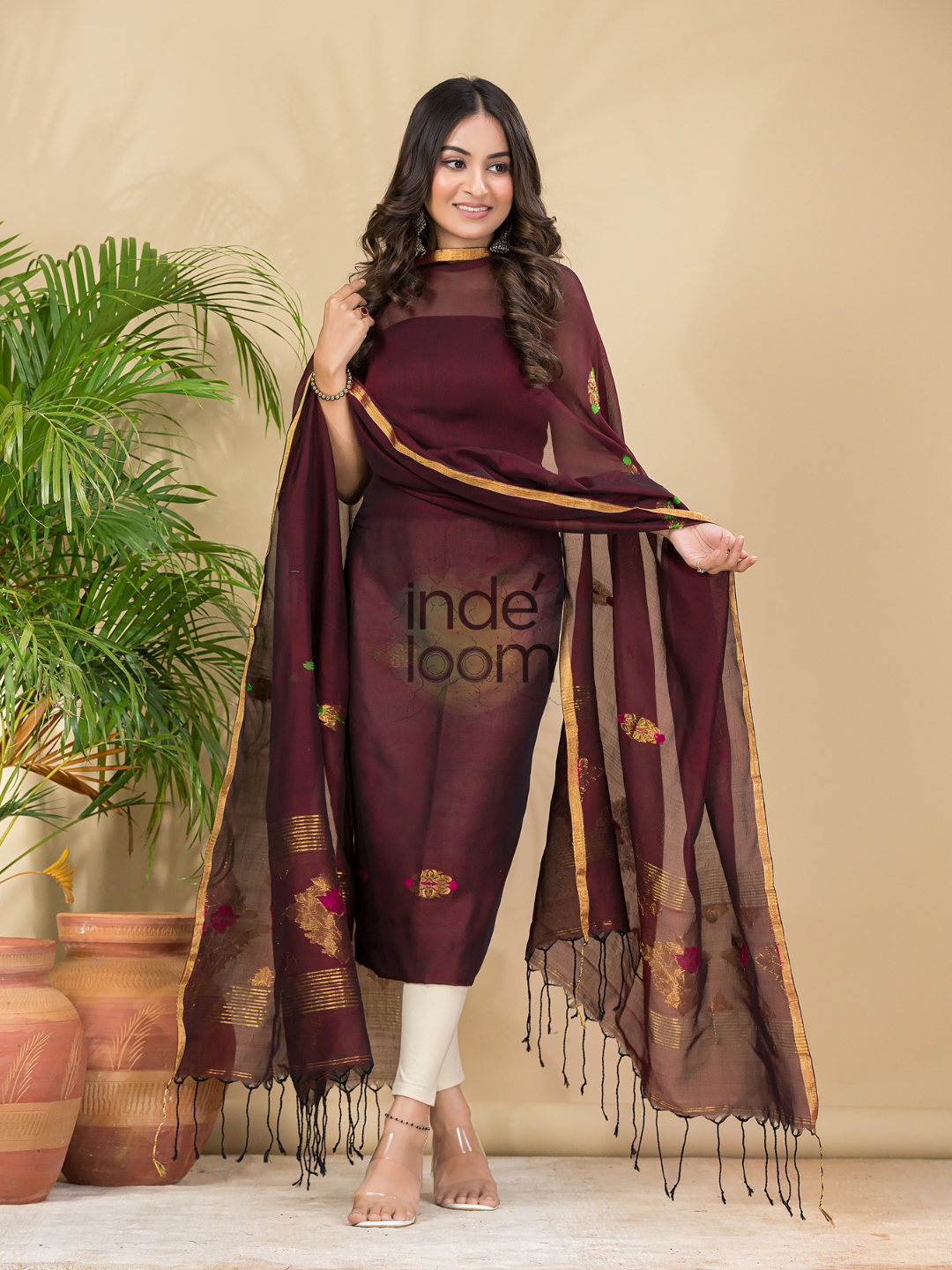 Wine Red Mercerised Cotton Meenakari Motif 2-Piece Kurti & Dupatta (UNSTITCHED)-877