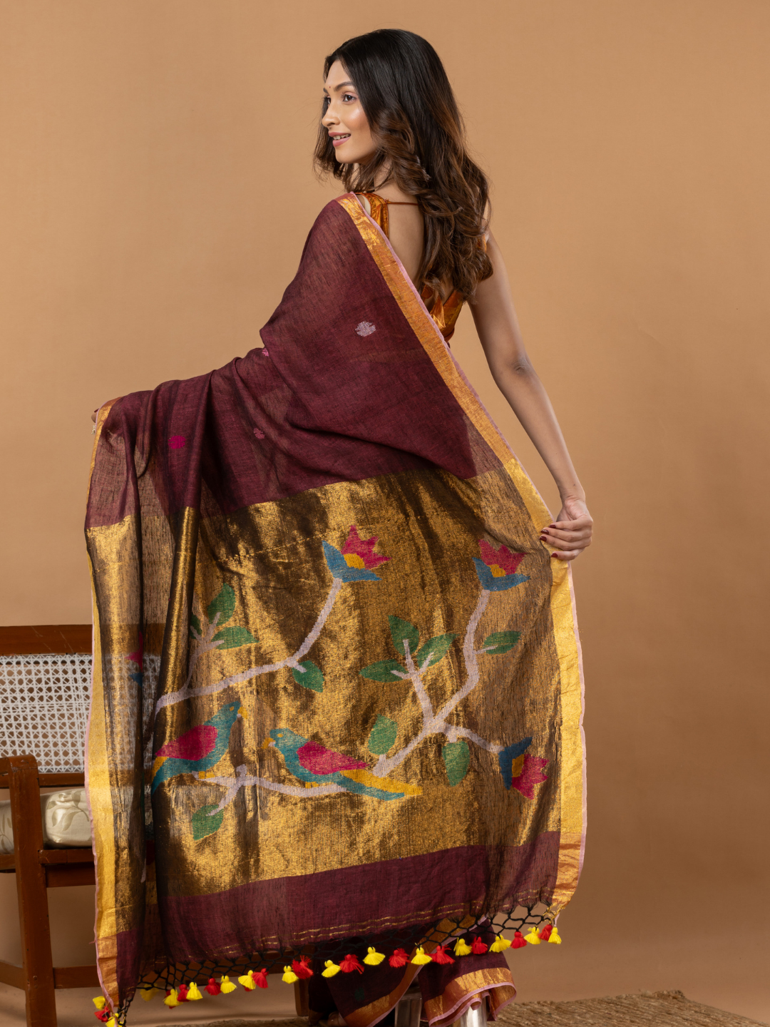 Handwoven Jamdani Linen Saree | Wine Maroon