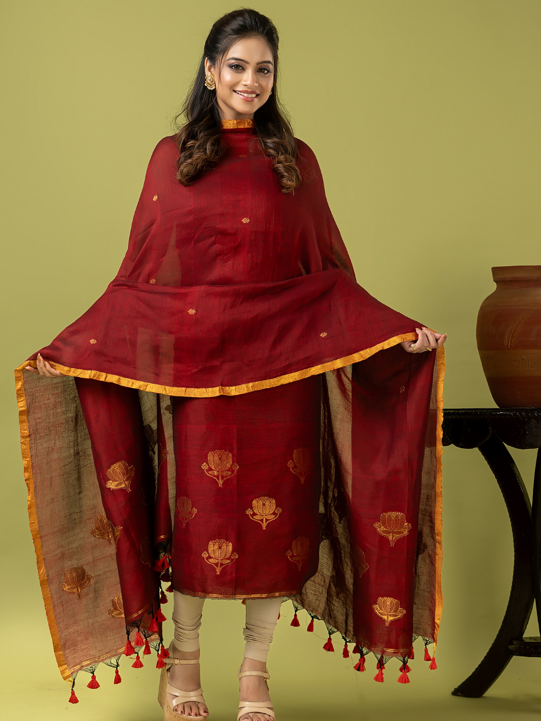 Handwoven Jamdani Linen Unstitched 2-piece Kurti | Deep Red
