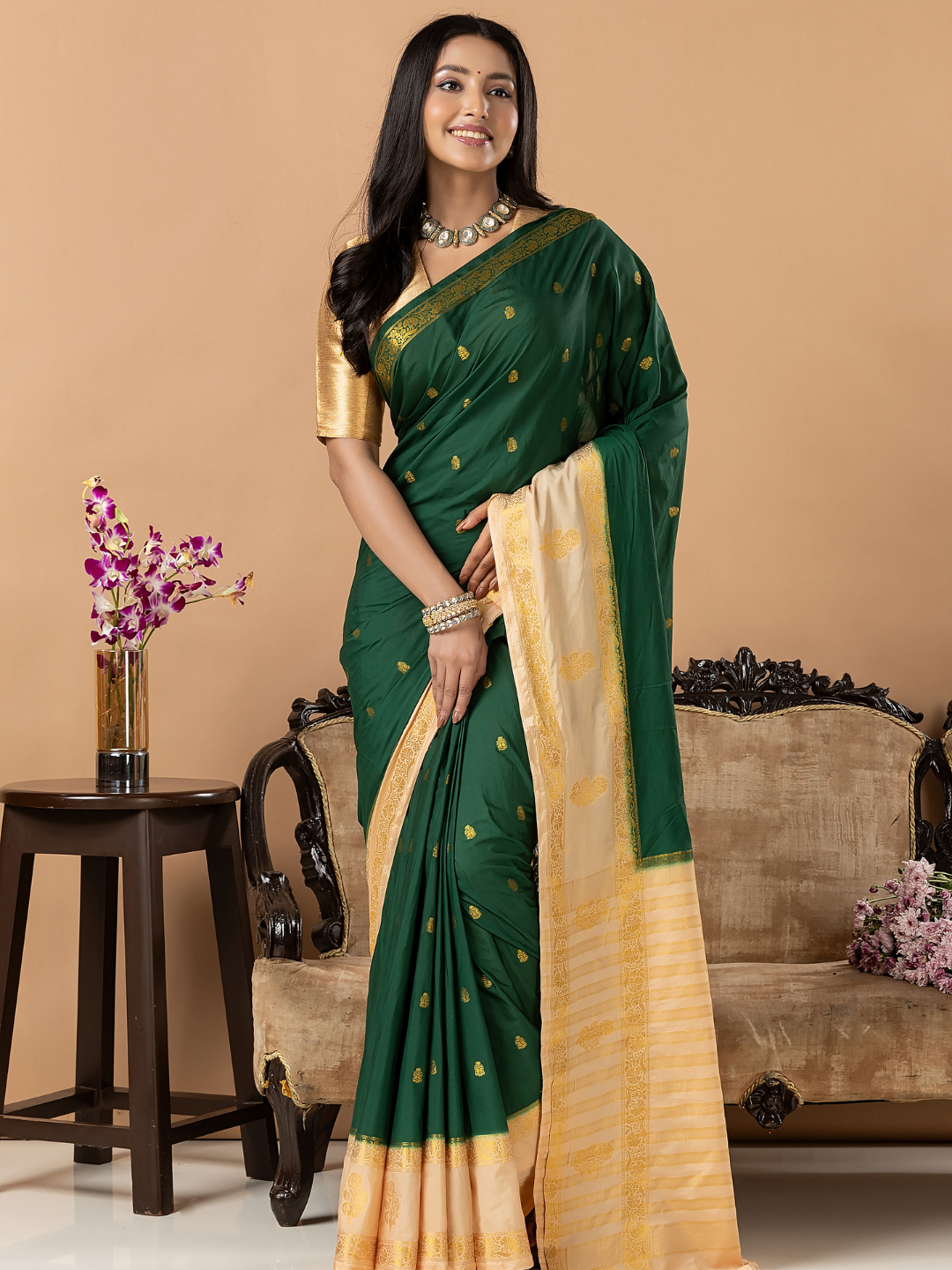 Classic Mysore Semi Silk Saree | Dark Green
