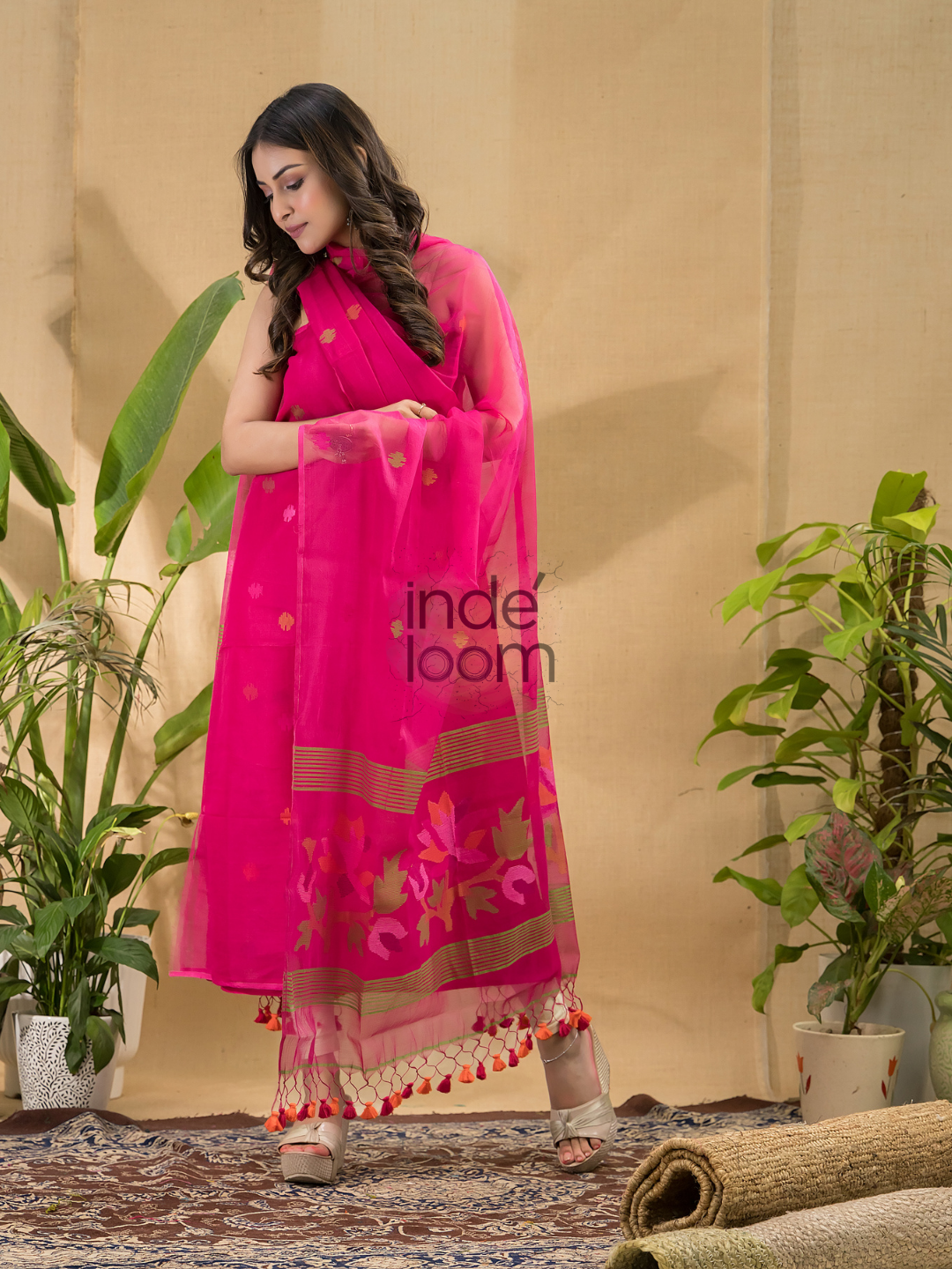 Hot Pink Jamdani 2-Piece Set Kurti & Dupatta (UNSTITCHED) -778