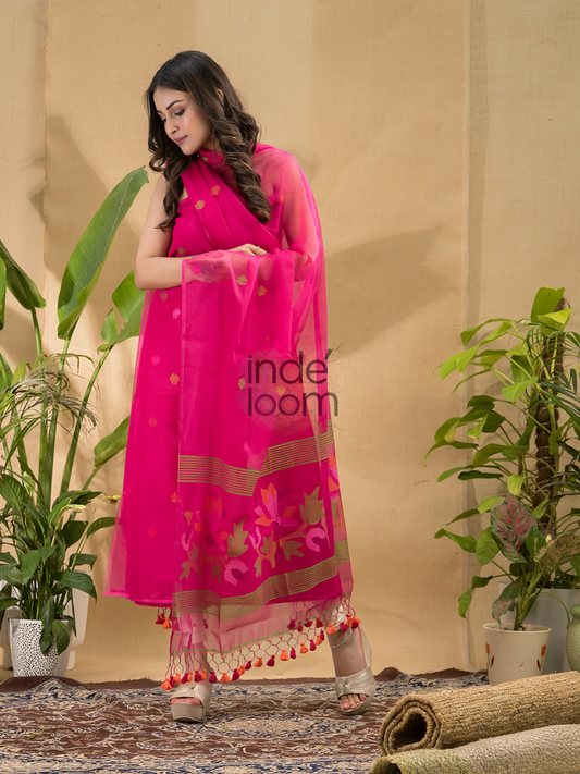 Handwoven Jamdani Muslin Unstitched 2-piece Kurti  |  Deep Pink